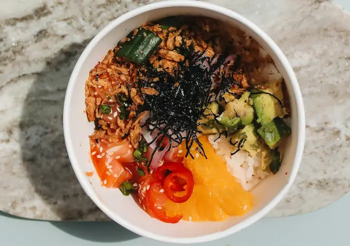 Sustainable food with seaweed types in a poke bowl, showcasing nutritional benefits